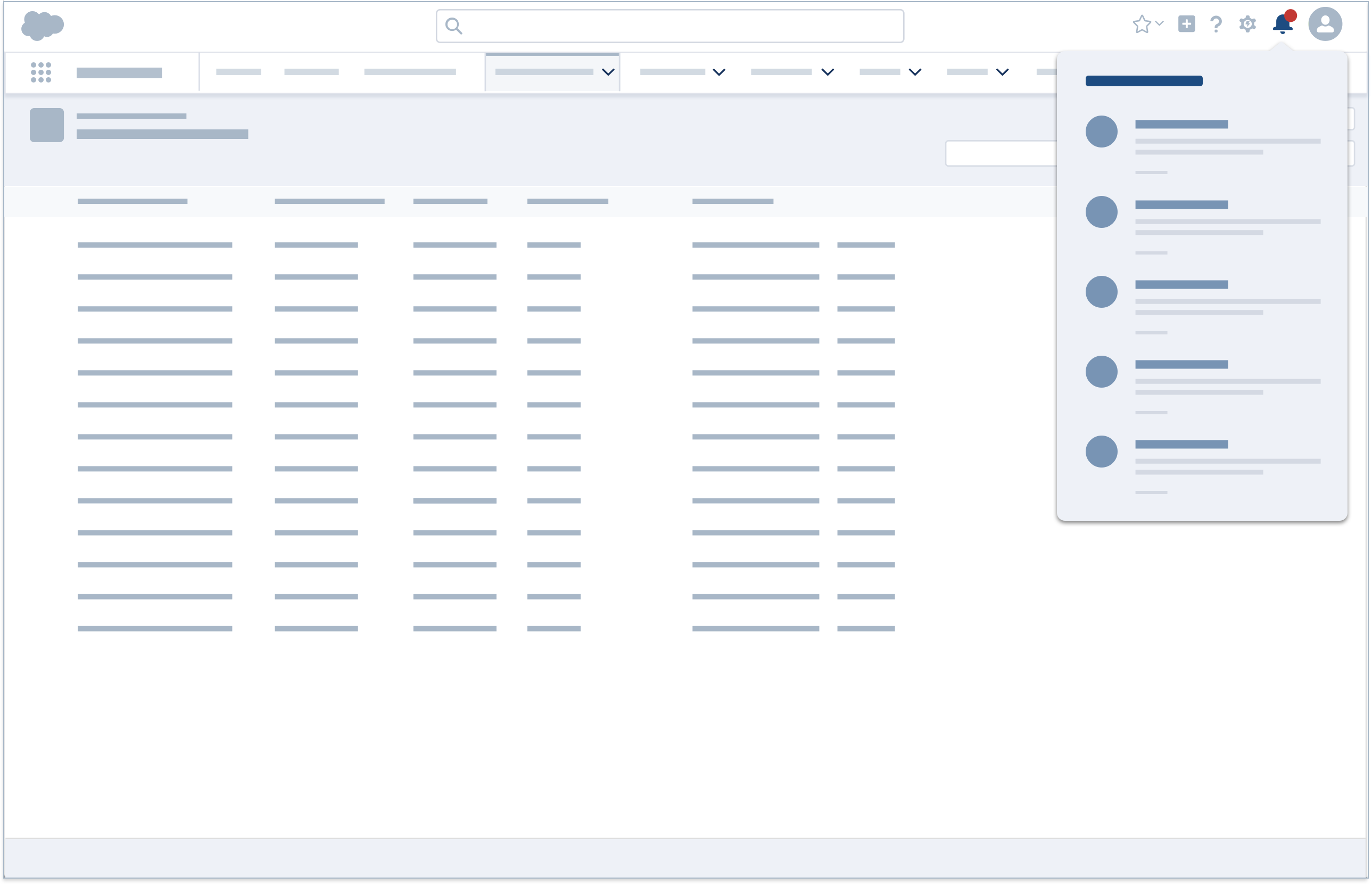 A wireframe showing an example of a bell and accompanying notification tray.